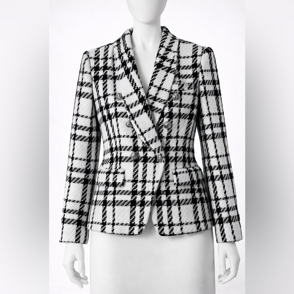Classic Black and White Tweed Plaid Blazer
